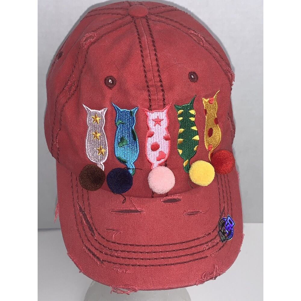 4350 District Cat Mom Distressed Faded Red Strap Back Cotton Hat Pom-Poms Novel